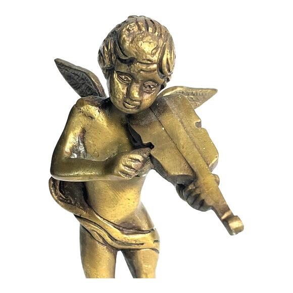 Brass Cherub Figurine 6" Angel Statue Playing Violin Viola Child Vintage Solid - Picture 2 of 5
